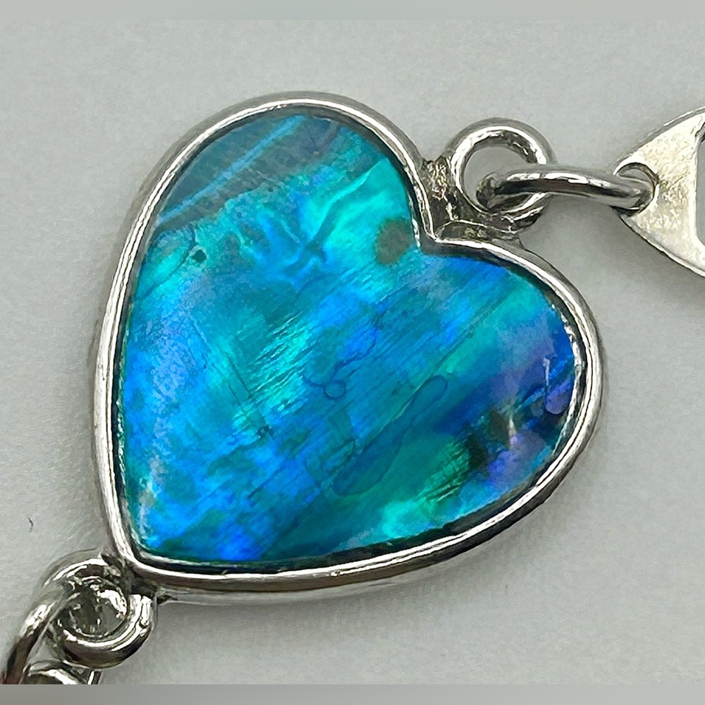 Multicolor Heart Link Silver Tone Bracelet with Abalone Inlay - Picture 3 of 13